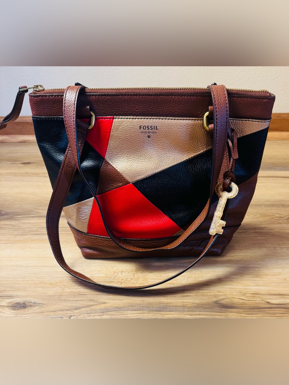 Fossil Leather Colorblock Tote Purse Brown Red Black Key Charm